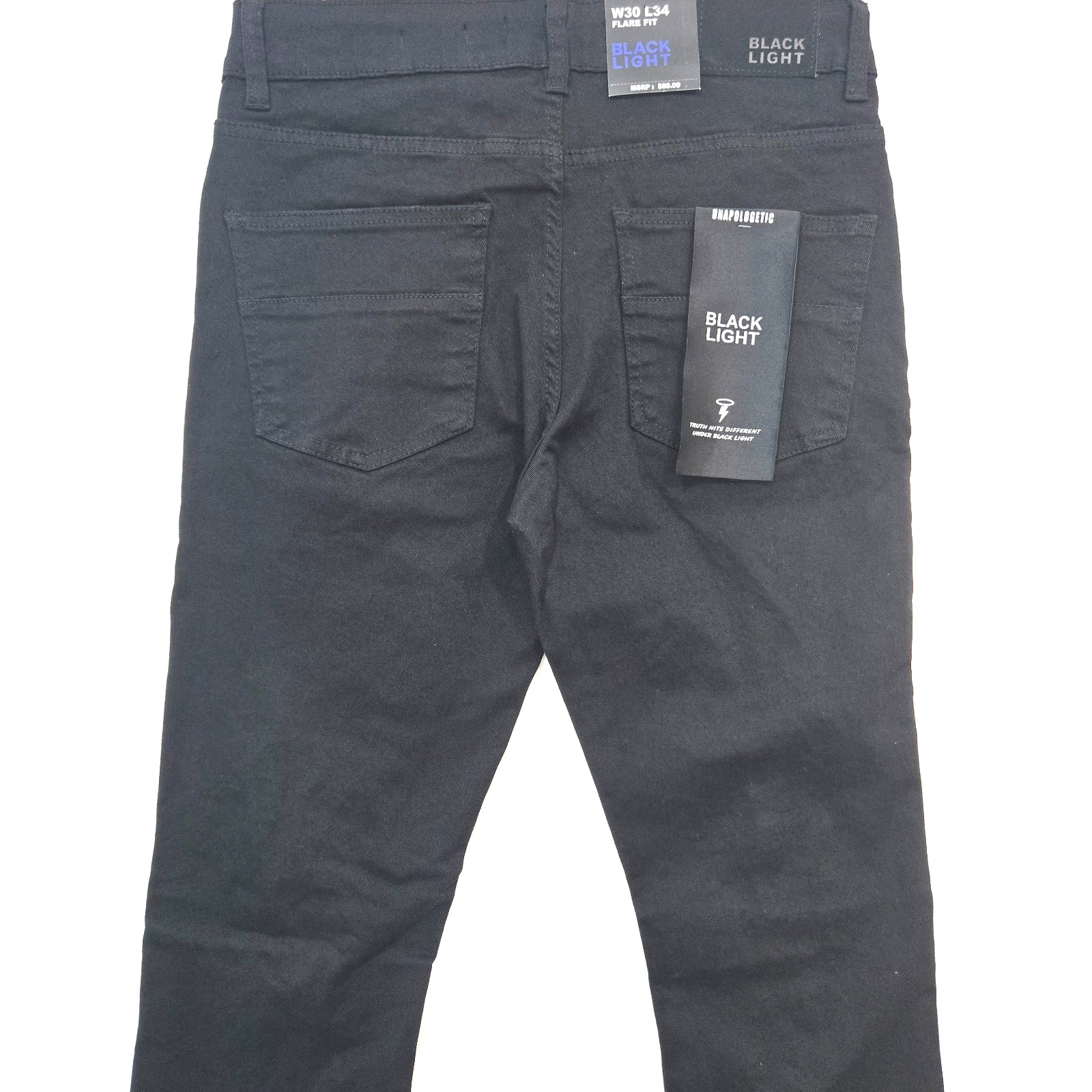 Black Light Men Jean Stretch Slim Straight Flare Fit Jet Black Denim Rhinestone
