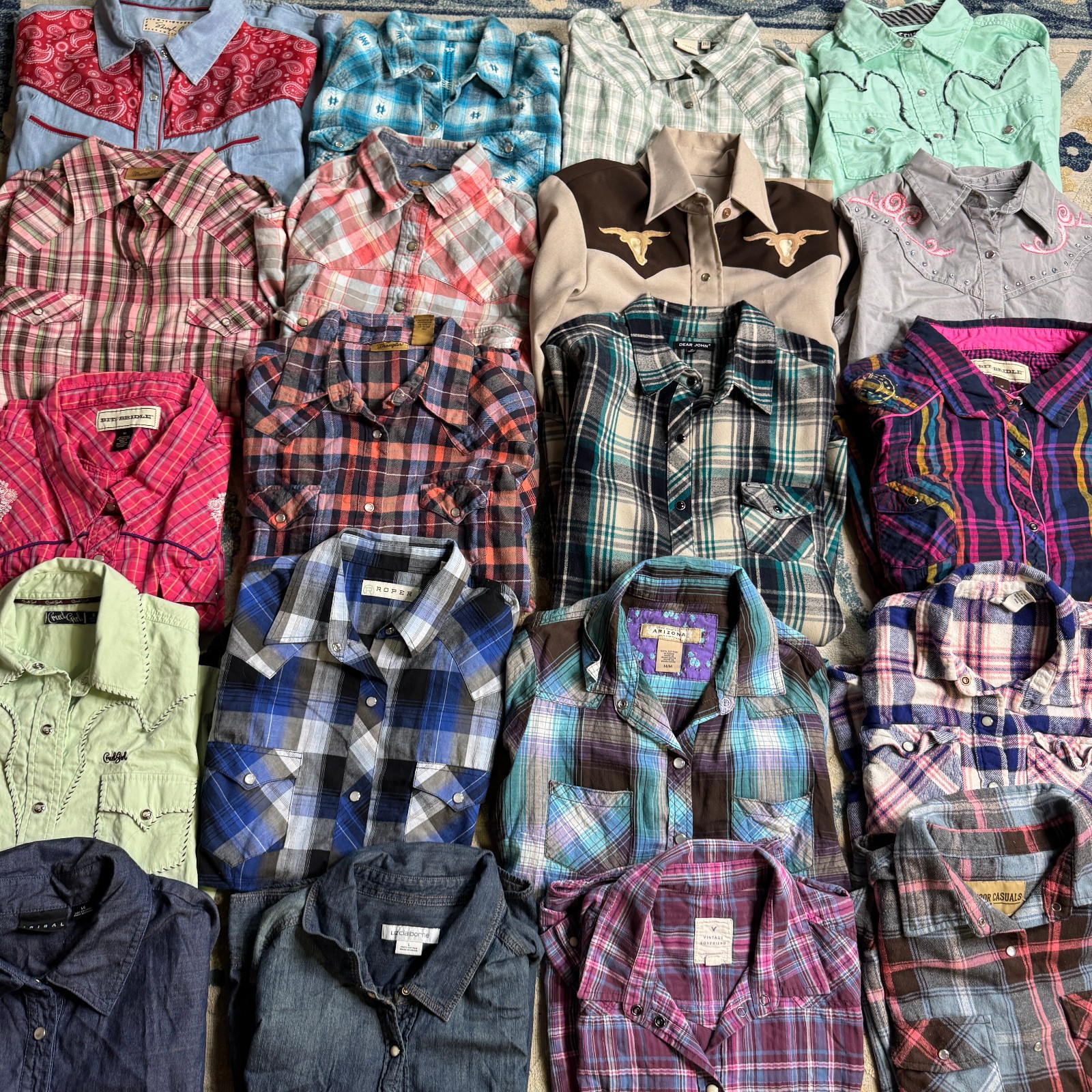 Lot of 20 Women’s Pearl Snap Shirts Assorted Mixed Size Western Cowgirl Rodeo