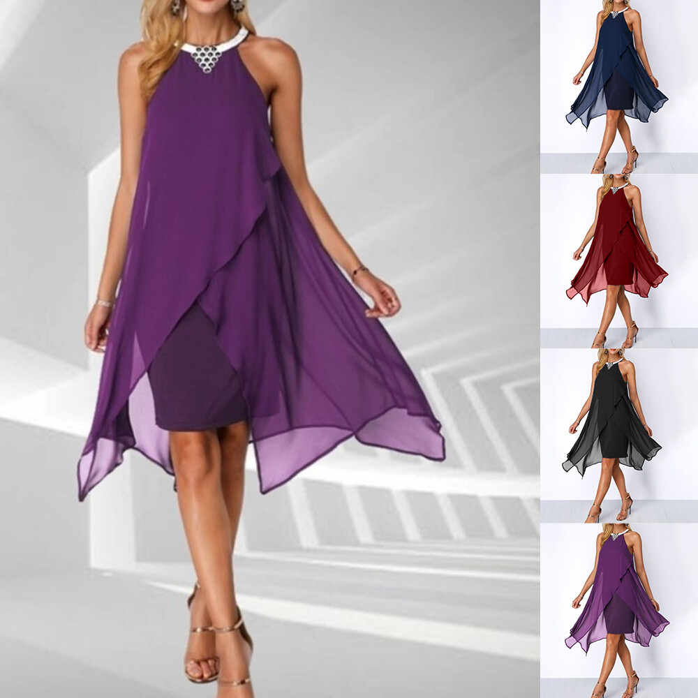 Womens Chiffon Halter Neck Mini Dress Ladies Evening Cocktail Party Gown Size 16