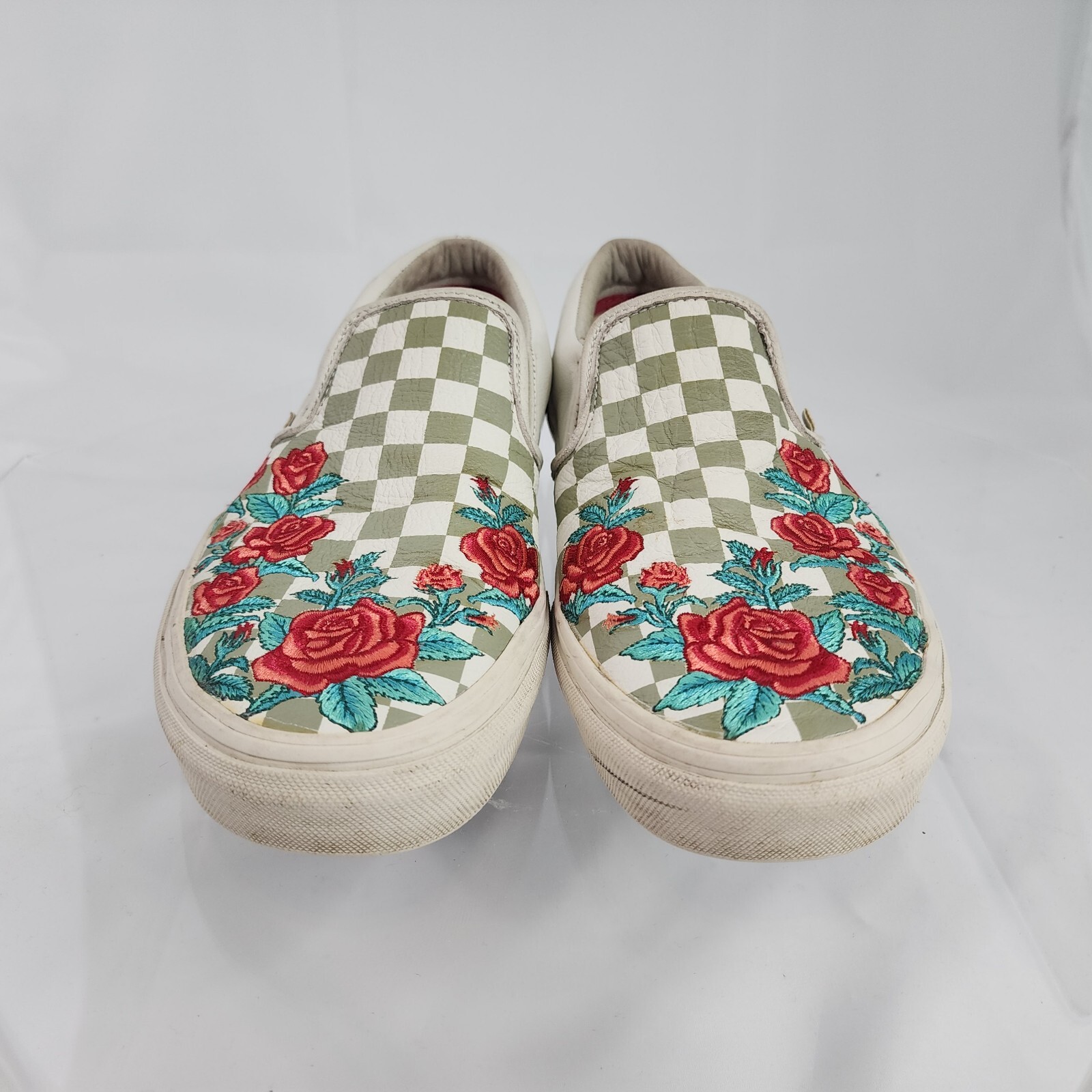 VANS Checkerboard Rose Embroidered Leather Slip On Men 8/Women 9.5 Grey Floral