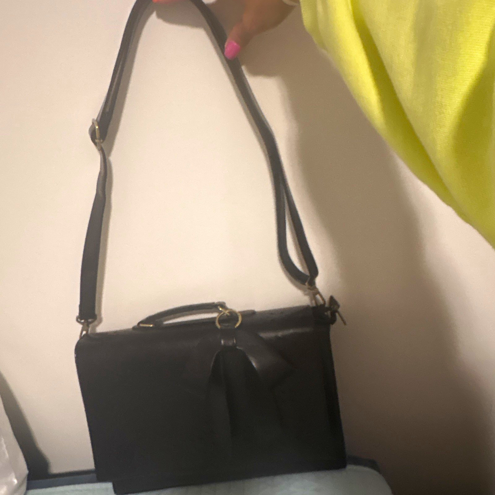 Ecosusi Black Satchel Top Handle Crossbody Bag Bow Magnetic Flap Gold HW