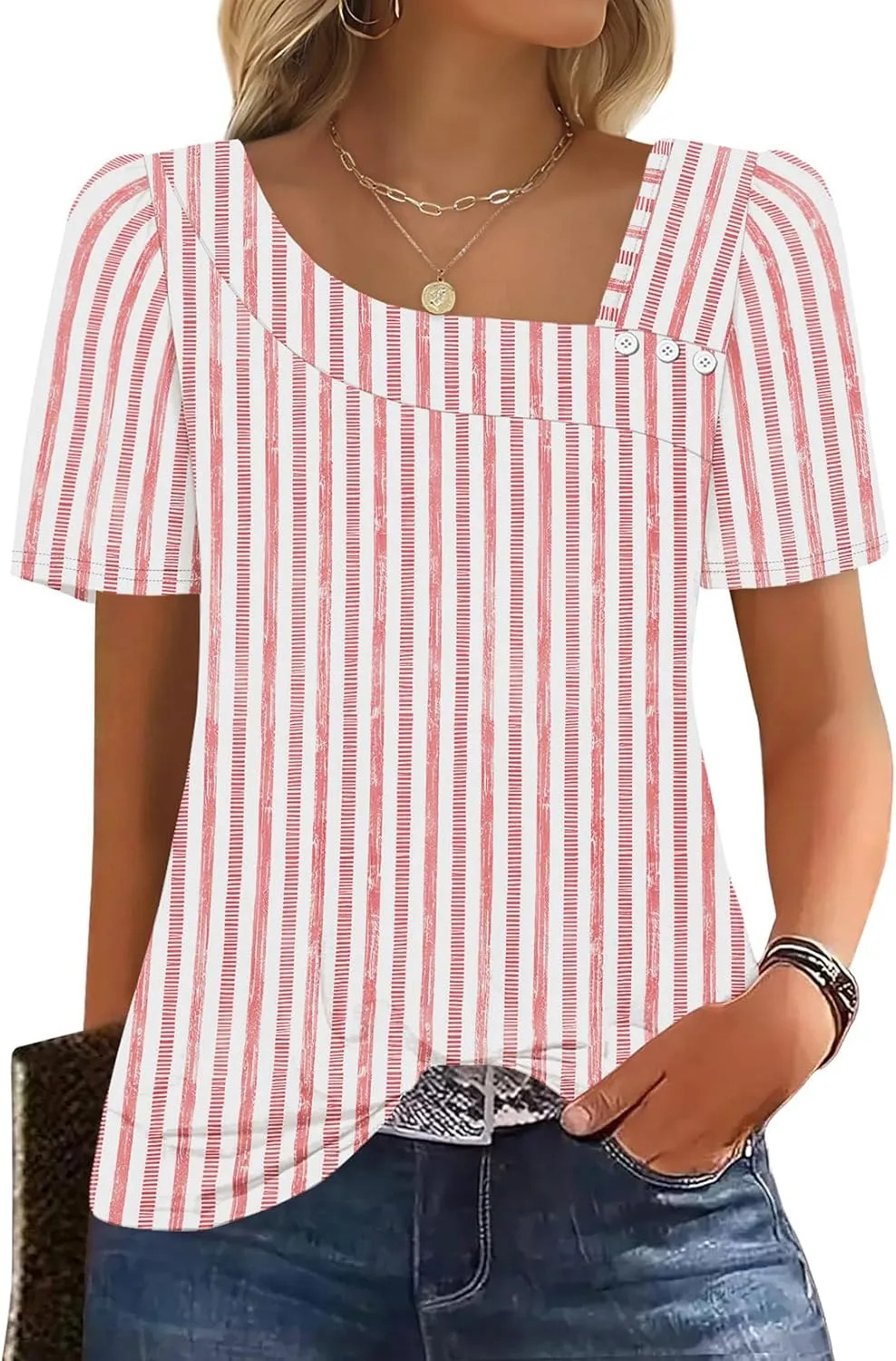 WIHOLL Womens Square Neck Short Sleeve Blouse Summer Casual Top Shirt